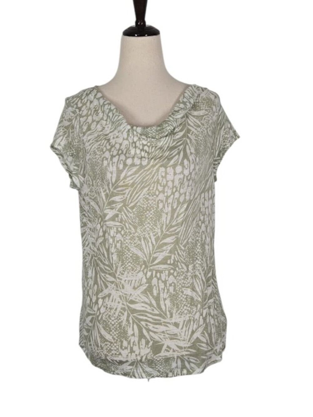 CHRISTIAN SIRIANO Women’s Medium 100% Linen Green Floral Cowl Neck Top EUC